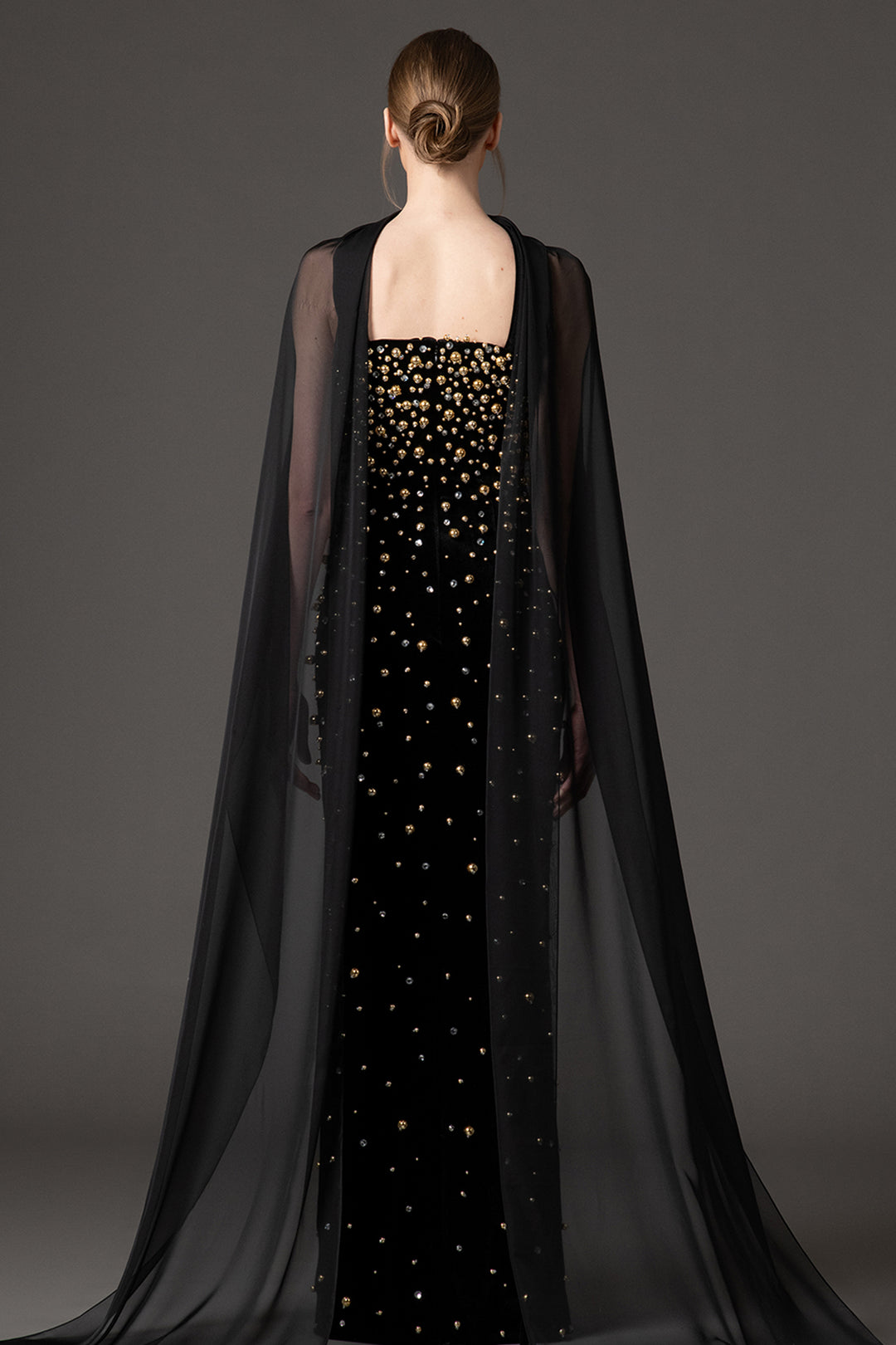 Velvet-Chiffon Dress with Crystal Embroidery