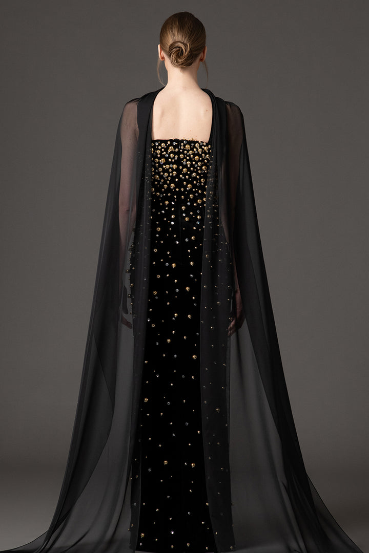 Velvet-Chiffon Dress with Crystal Embroidery