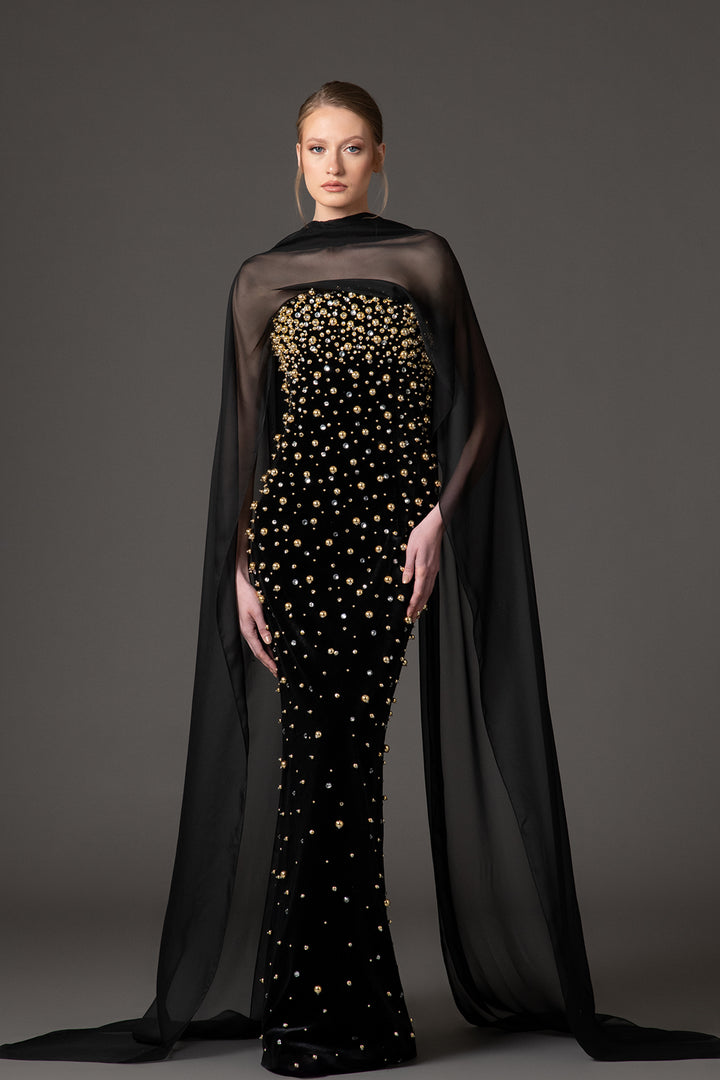 Velvet-Chiffon Dress with Crystal Embroidery