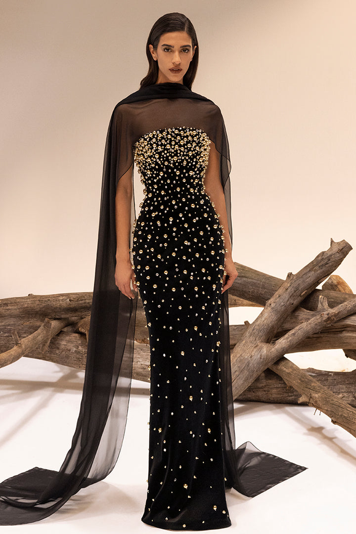 Velvet-Chiffon Dress with Crystal Embroidery