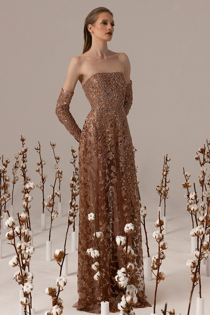 Tulle Dress with Embroidered Strapless