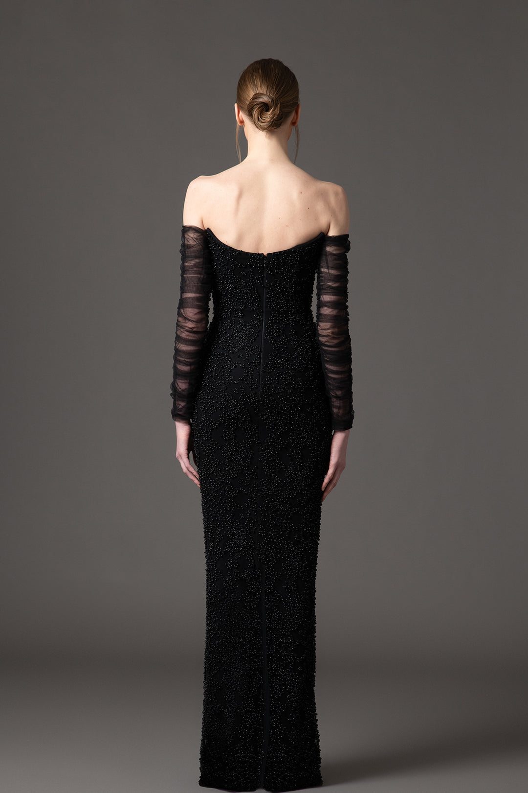 Crepe Dress with Embroidered Tulle Sleeves