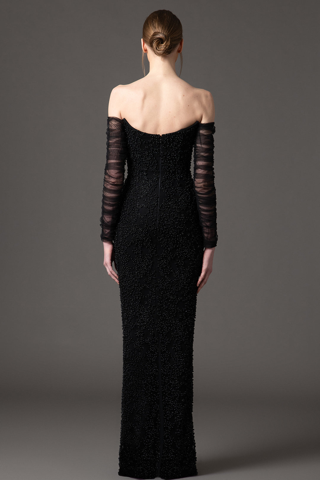 Crepe Dress with Embroidered Tulle Sleeves