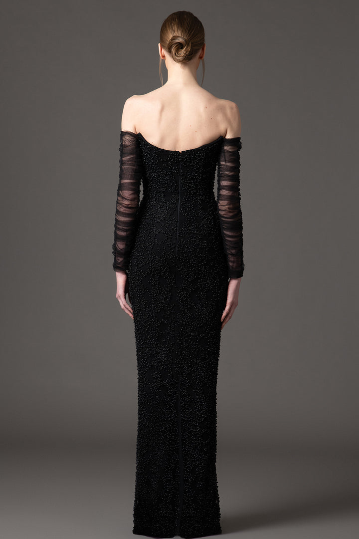 Crepe Dress with Embroidered Tulle Sleeves