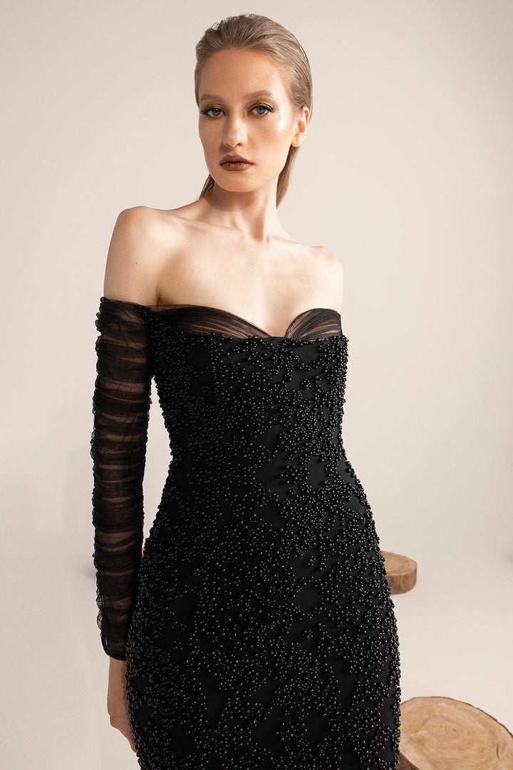 Crepe Dress with Embroidered Tulle Sleeves