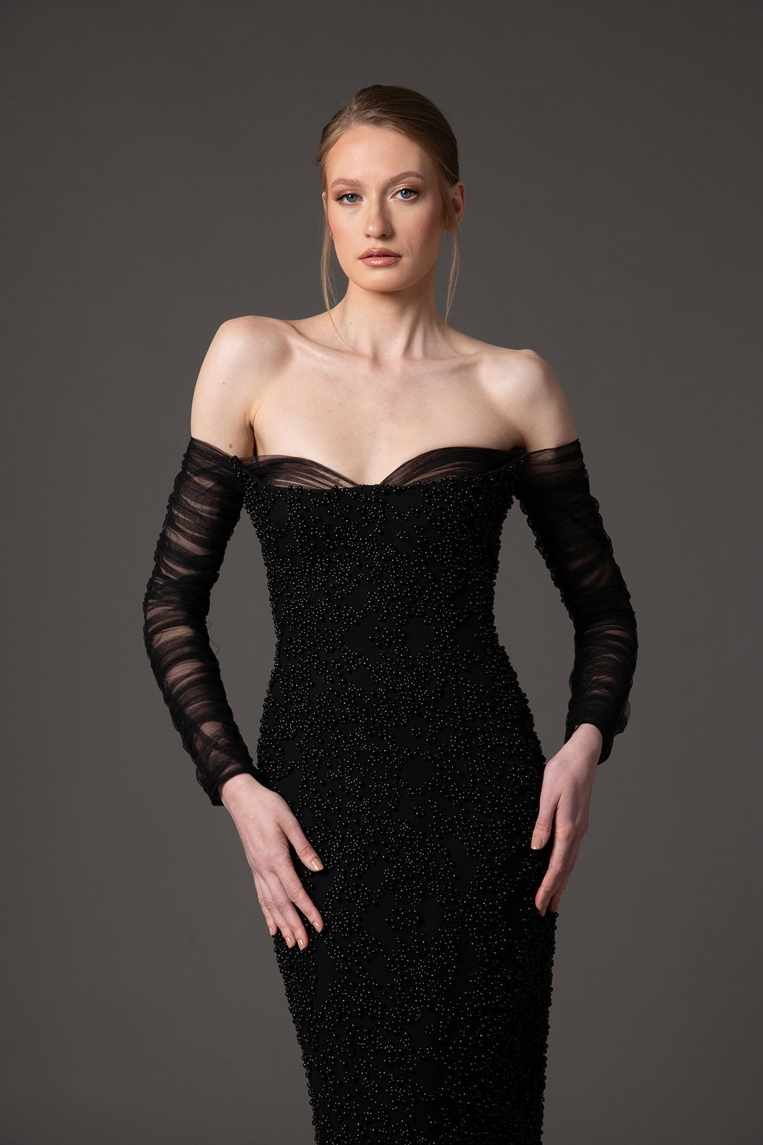 Crepe Dress with Embroidered Tulle Sleeves