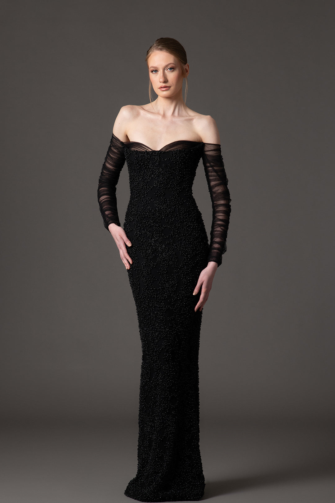 Crepe Dress with Embroidered Tulle Sleeves