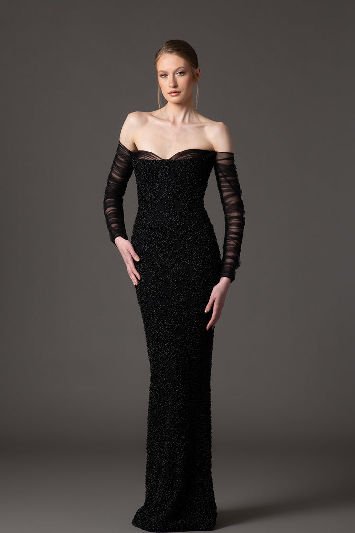 Crepe Dress with Embroidered Tulle Sleeves