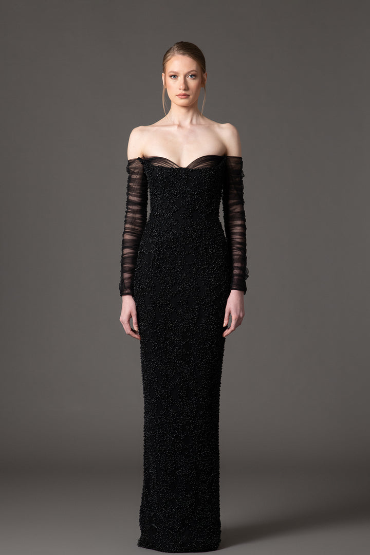 Crepe Dress with Embroidered Tulle Sleeves