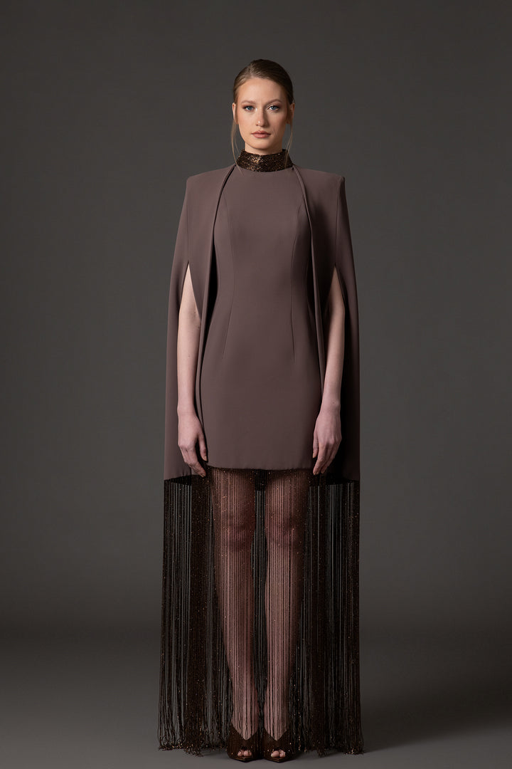 Crepe Cape Dress with Beaded Fringes