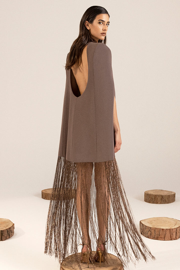 Crepe Cape Dress with Beaded Fringes