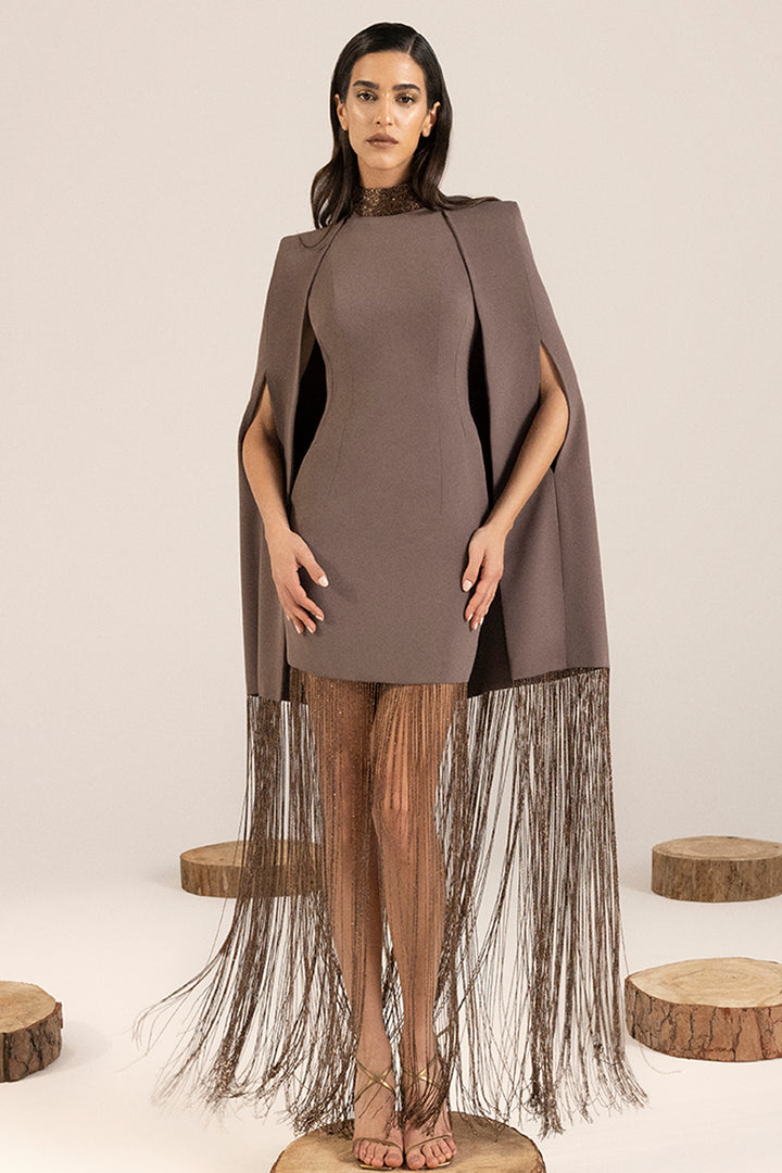 Crepe Cape Dress with Beaded Fringes