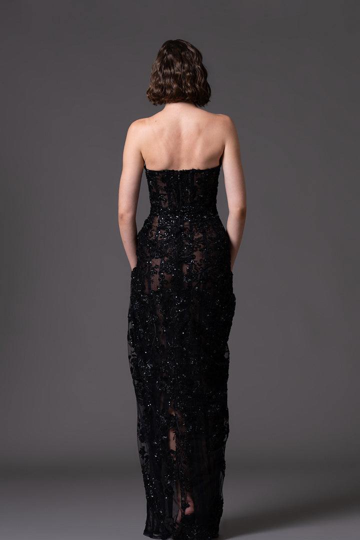 Strapless Embroidered Tulle A-Line Dress