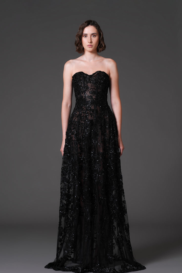 Strapless Embroidered Tulle A-Line Dress