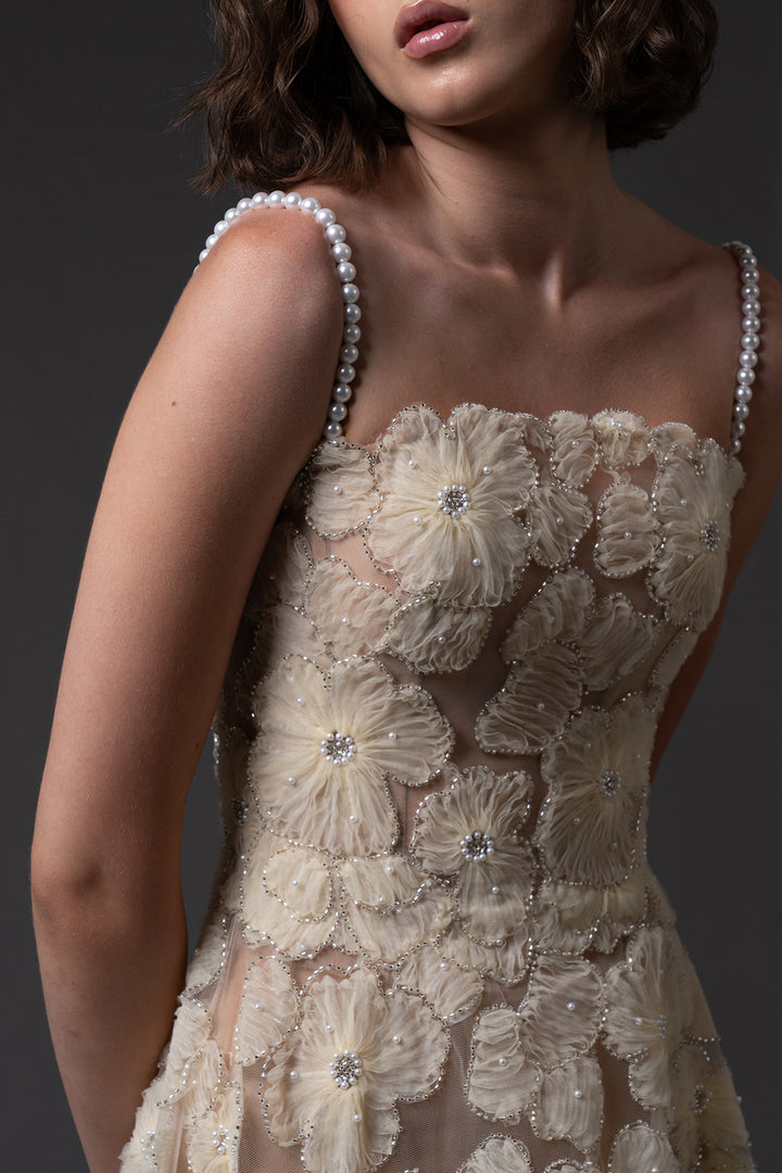 Tulle Dress with Pearl Straps and Embroidery