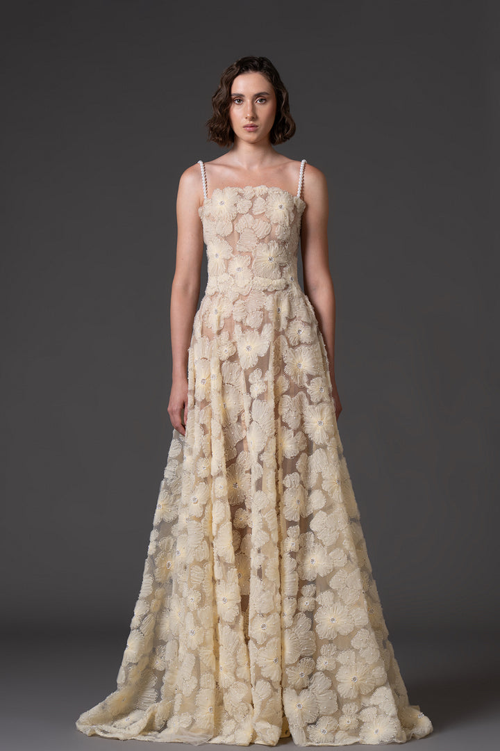Tulle Dress with Pearl Straps and Embroidery