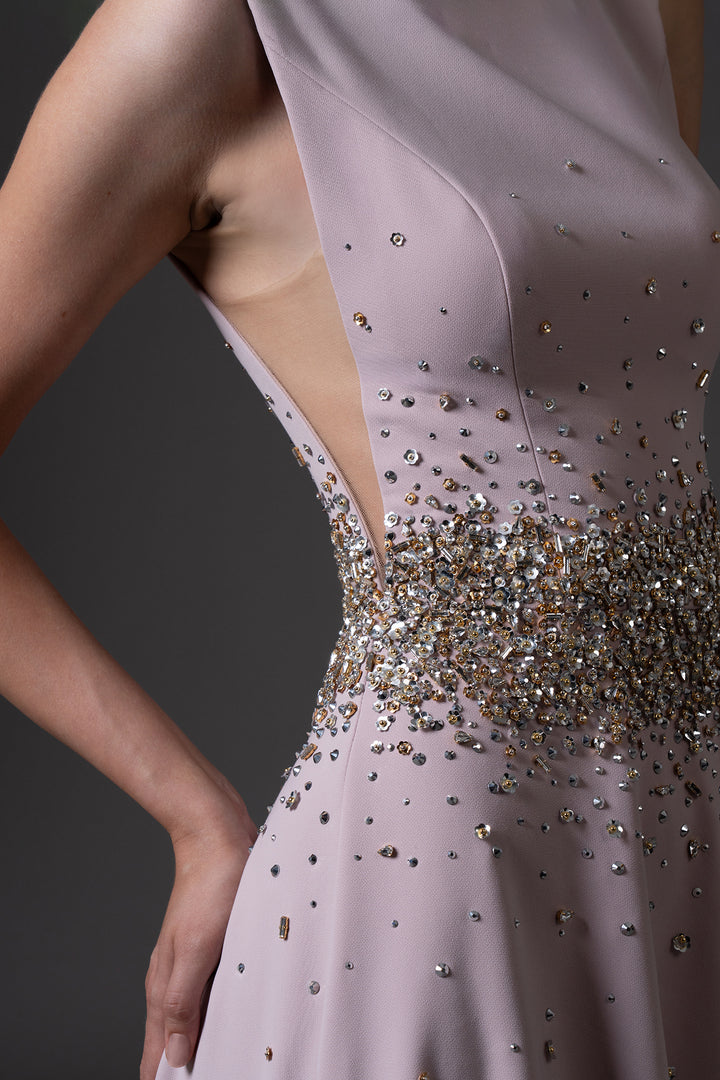 Embroidered Silhouette and Deep-V Armhole Dress