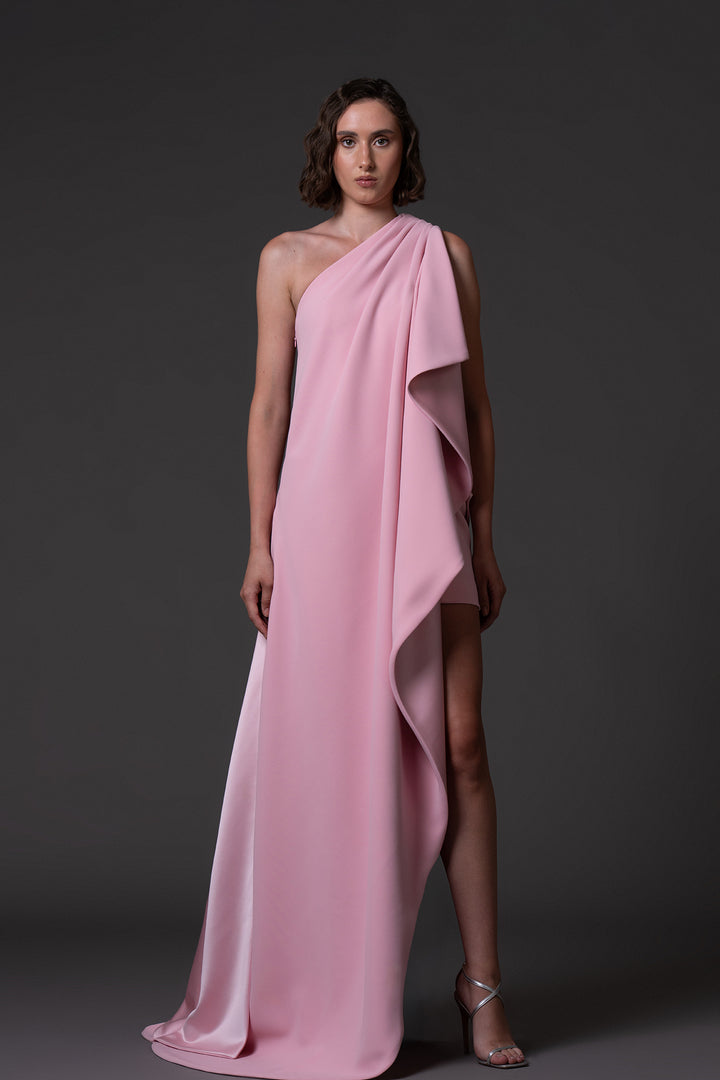 Ruffled Crêpe Dress with Satin Accents