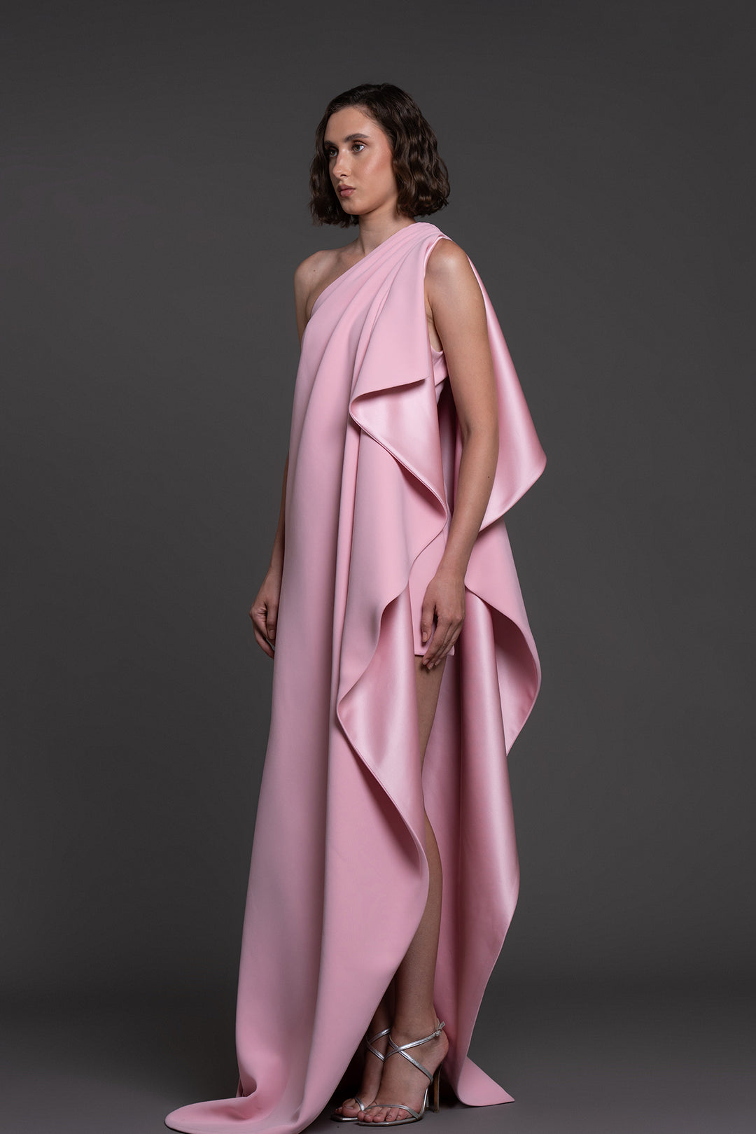 Ruffled Crêpe Dress with Satin Accents