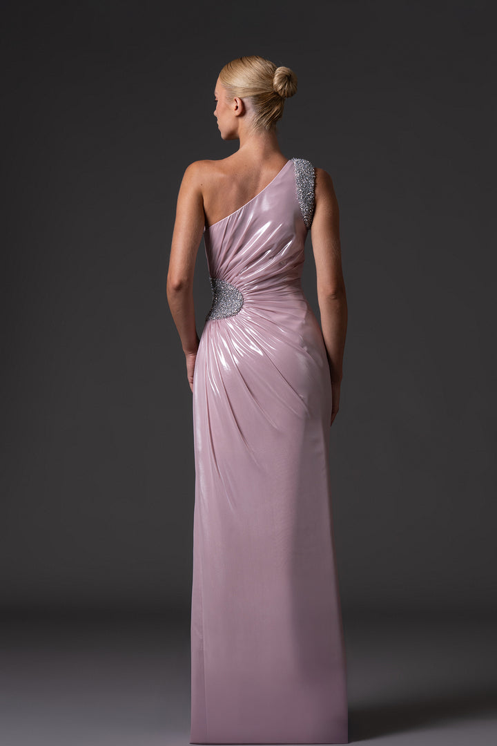 Chiffon Lamé Dress with Embroidered Waist Buckle