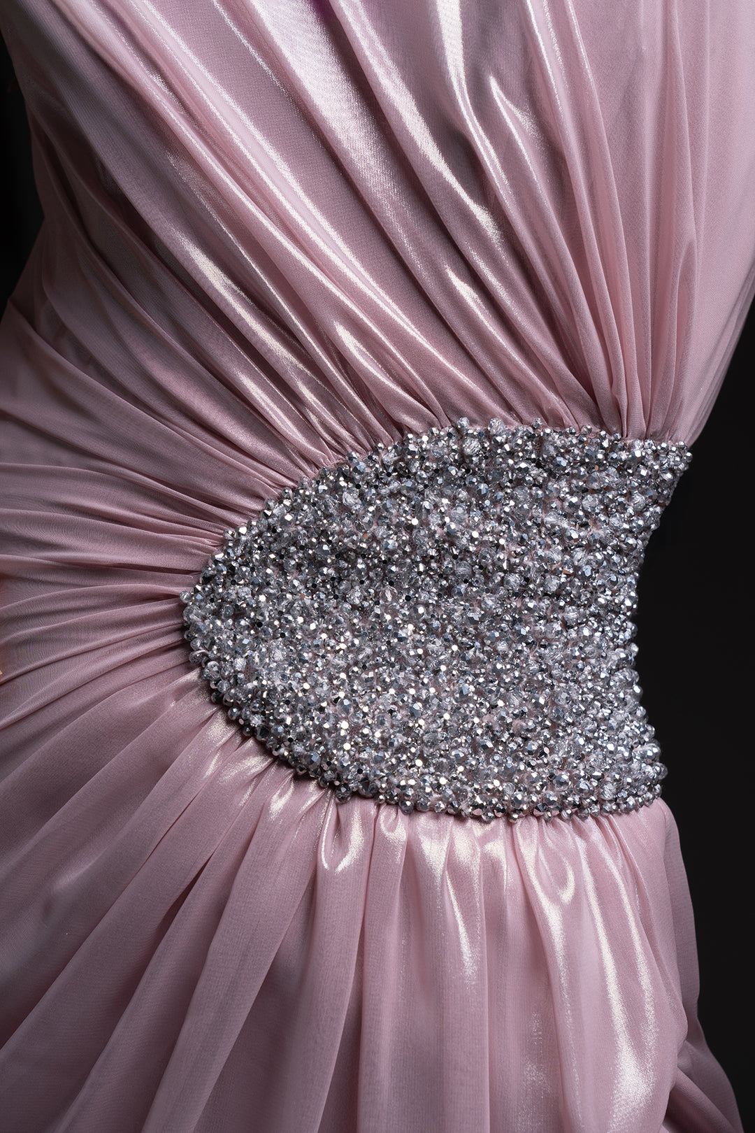 Chiffon Lamé Dress with Embroidered Waist Buckle