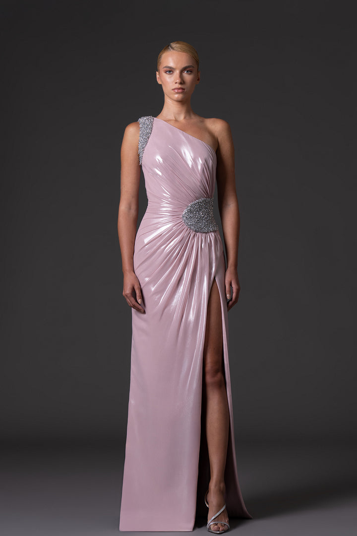 Chiffon Lamé Dress with Embroidered Waist Buckle