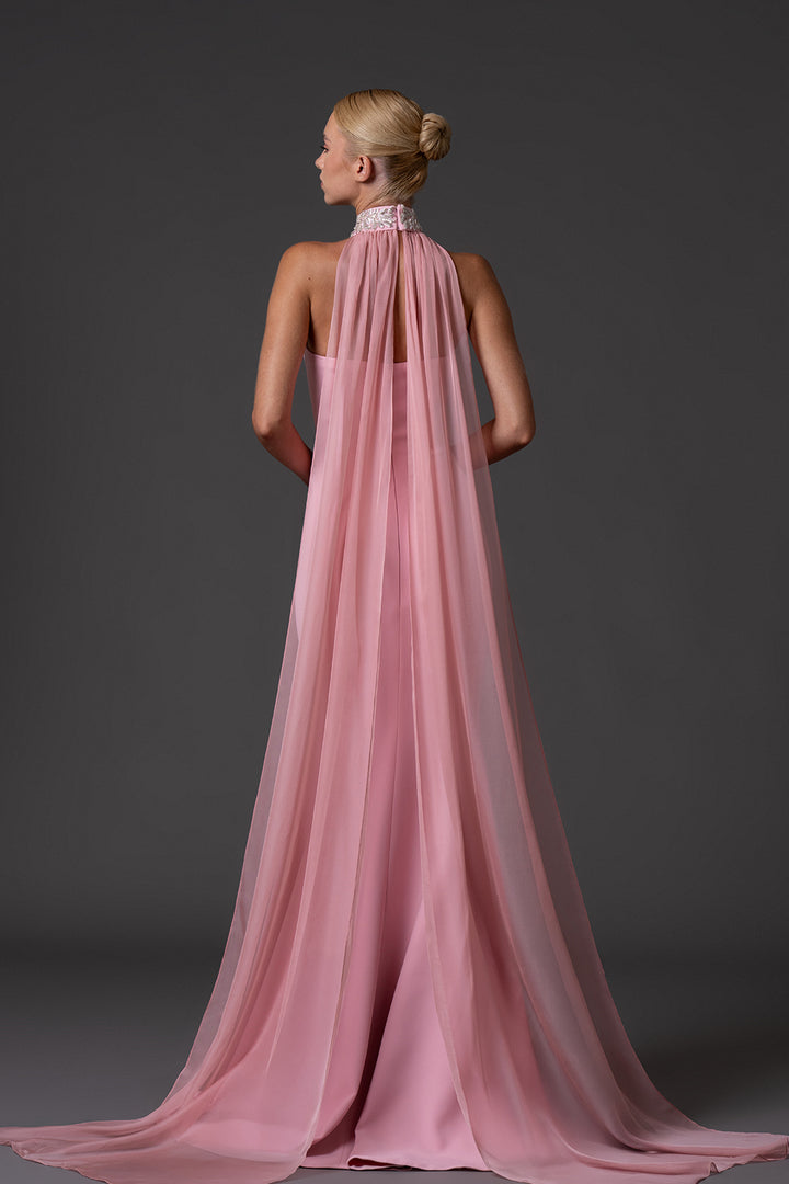 Crêpe Dress with Embroidered Halter-Neckline