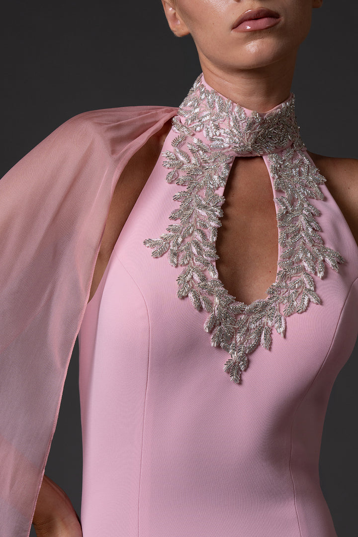 Crêpe Dress with Embroidered Halter-Neckline