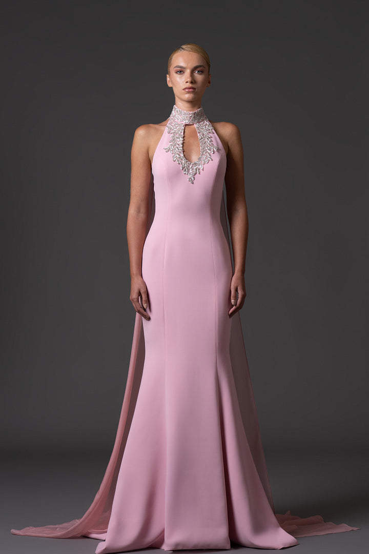 Crêpe Dress with Embroidered Halter-Neckline