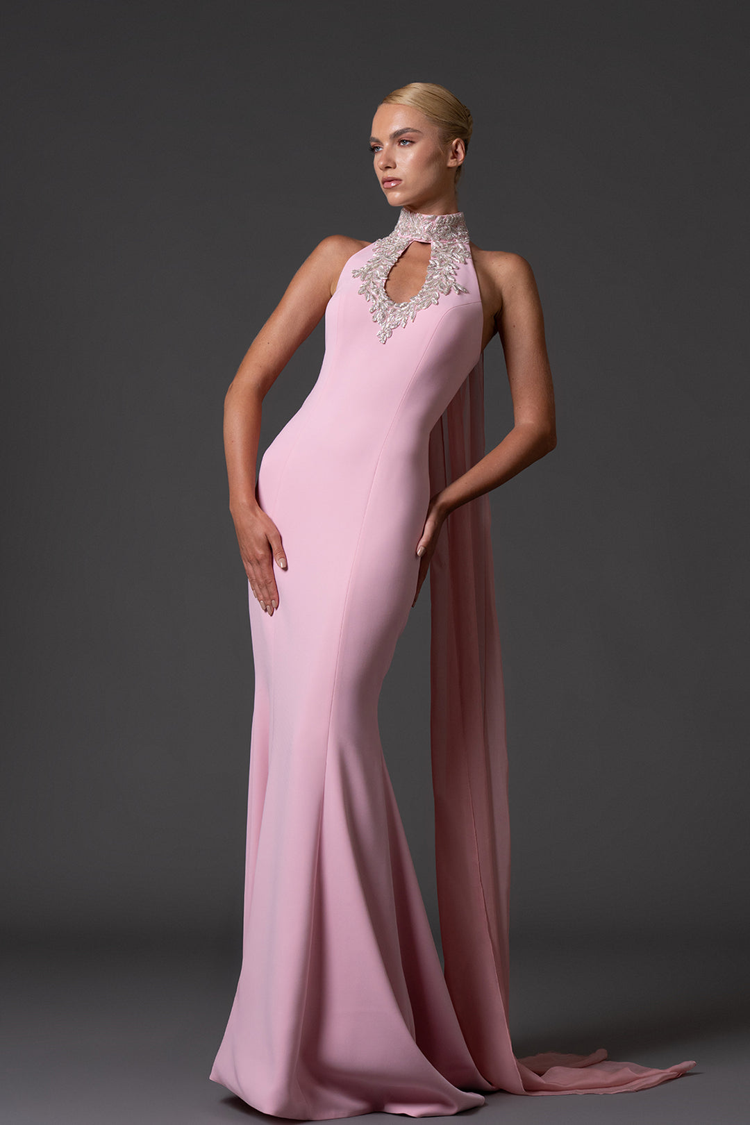 Crêpe Dress with Embroidered Halter-Neckline