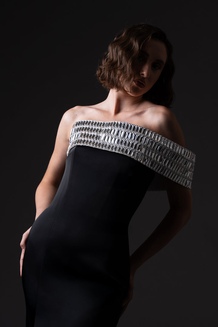 One-Shoulder Embroidered Neckline Dress