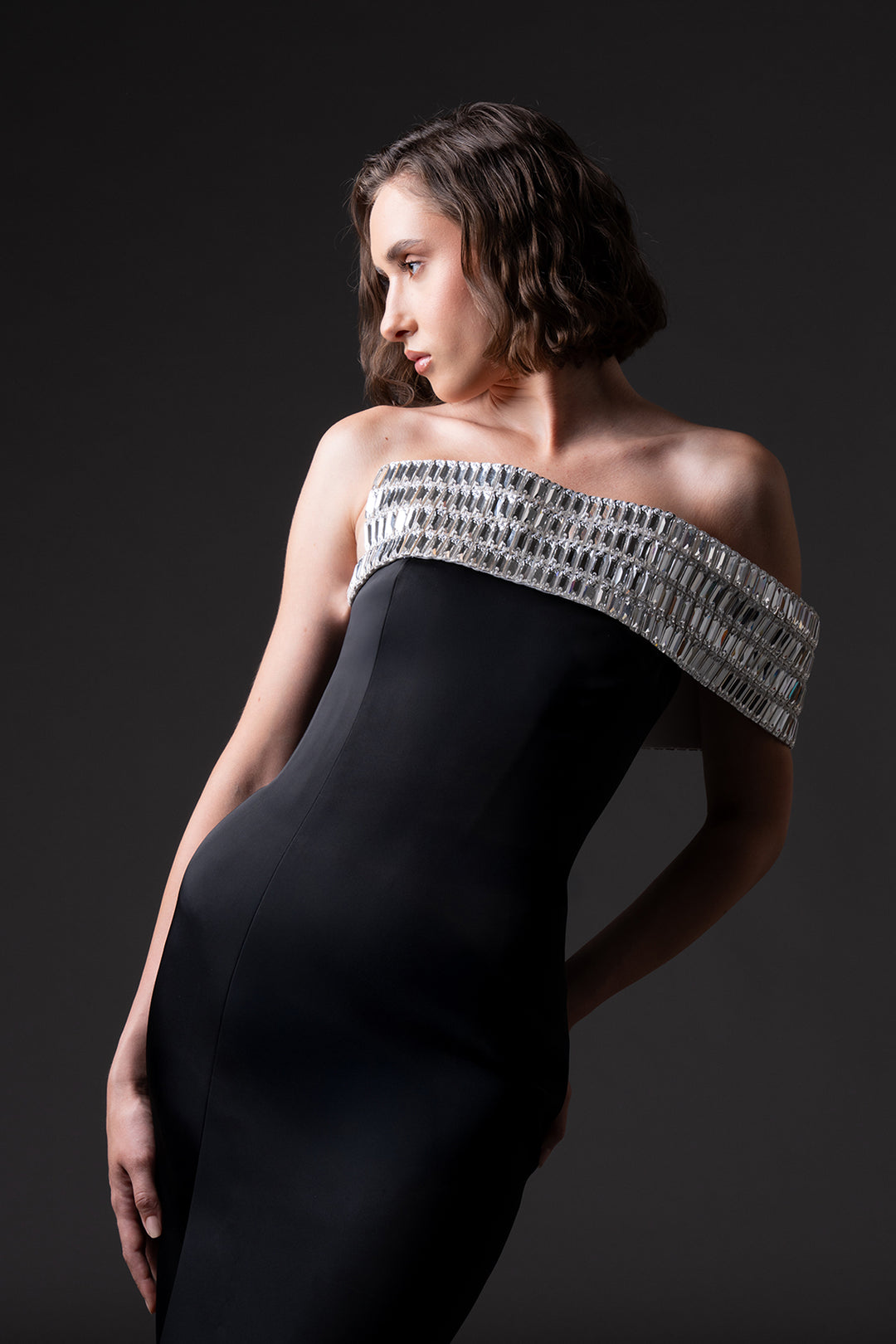 One-Shoulder Embroidered Neckline Dress