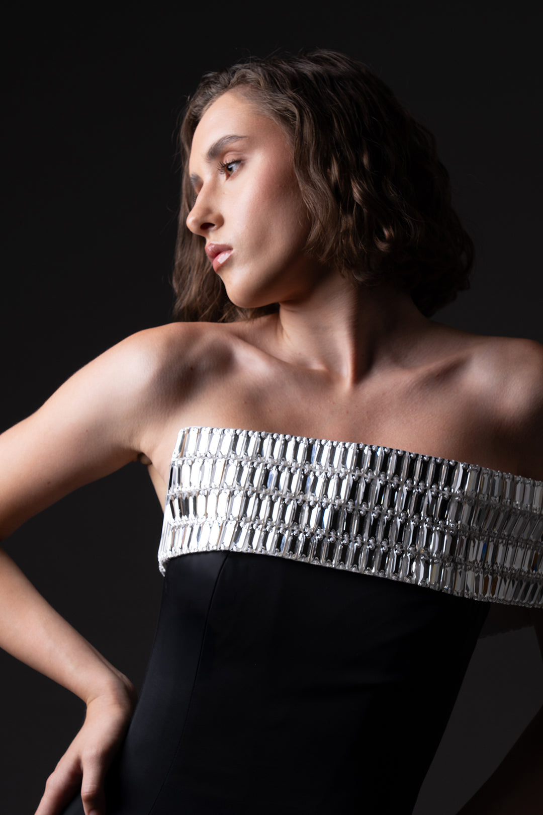 One-Shoulder Embroidered Neckline Dress