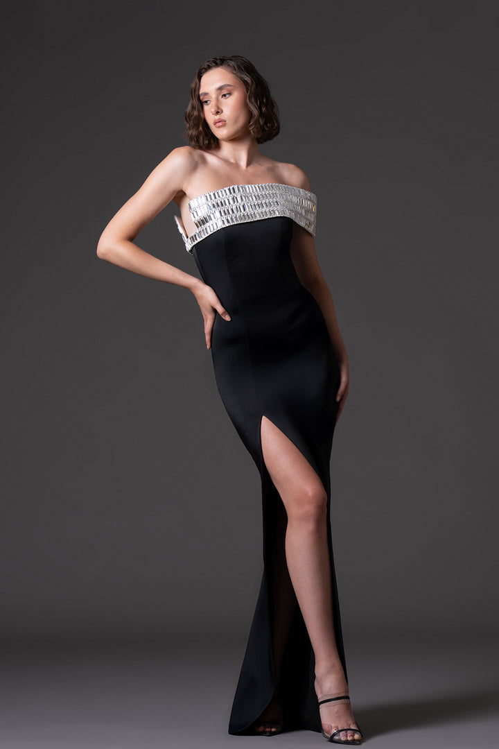 One-Shoulder Embroidered Neckline Dress