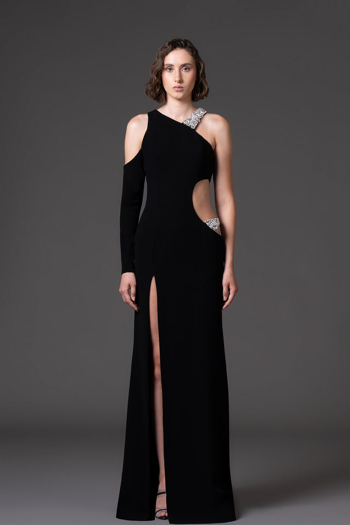 Crystal Embellished Crepe Long Dress