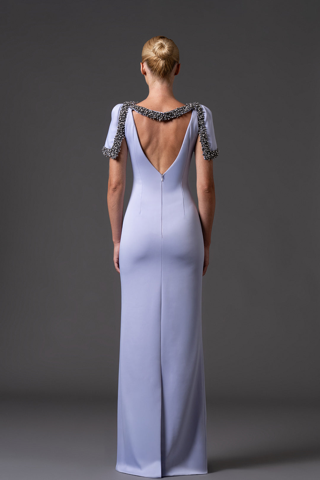 Crêpe Dress with Crystal Embroidery and Sleeves