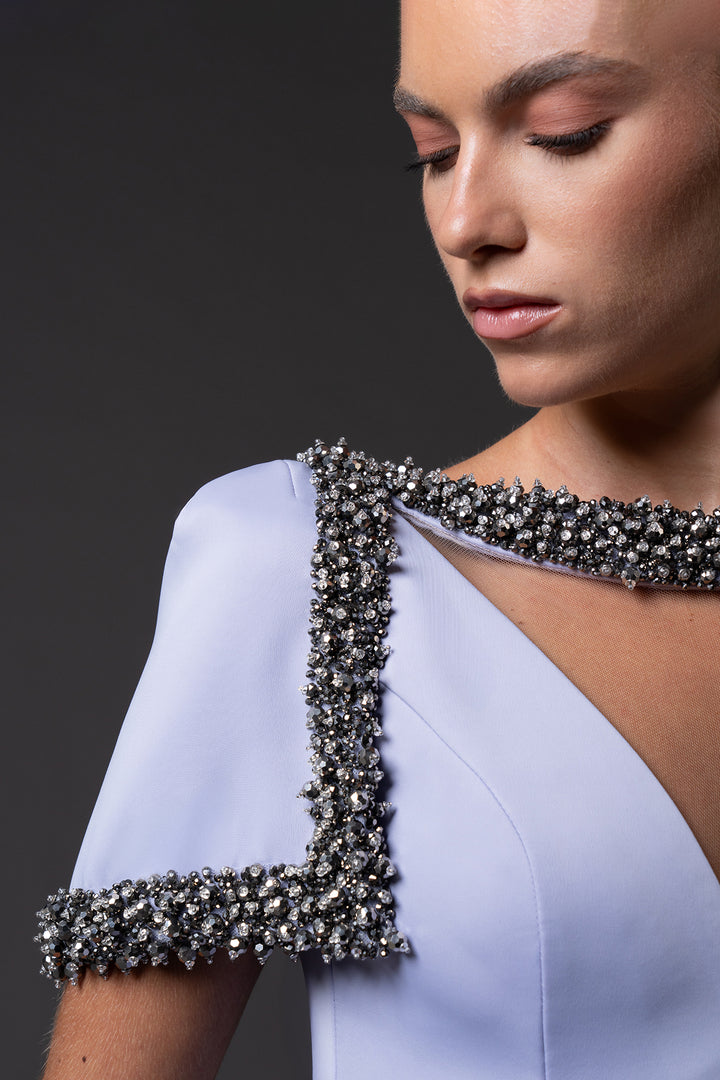Crêpe Dress with Crystal Embroidery and Sleeves