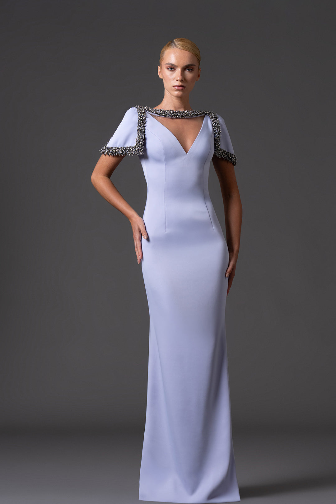 Crêpe Dress with Crystal Embroidery and Sleeves