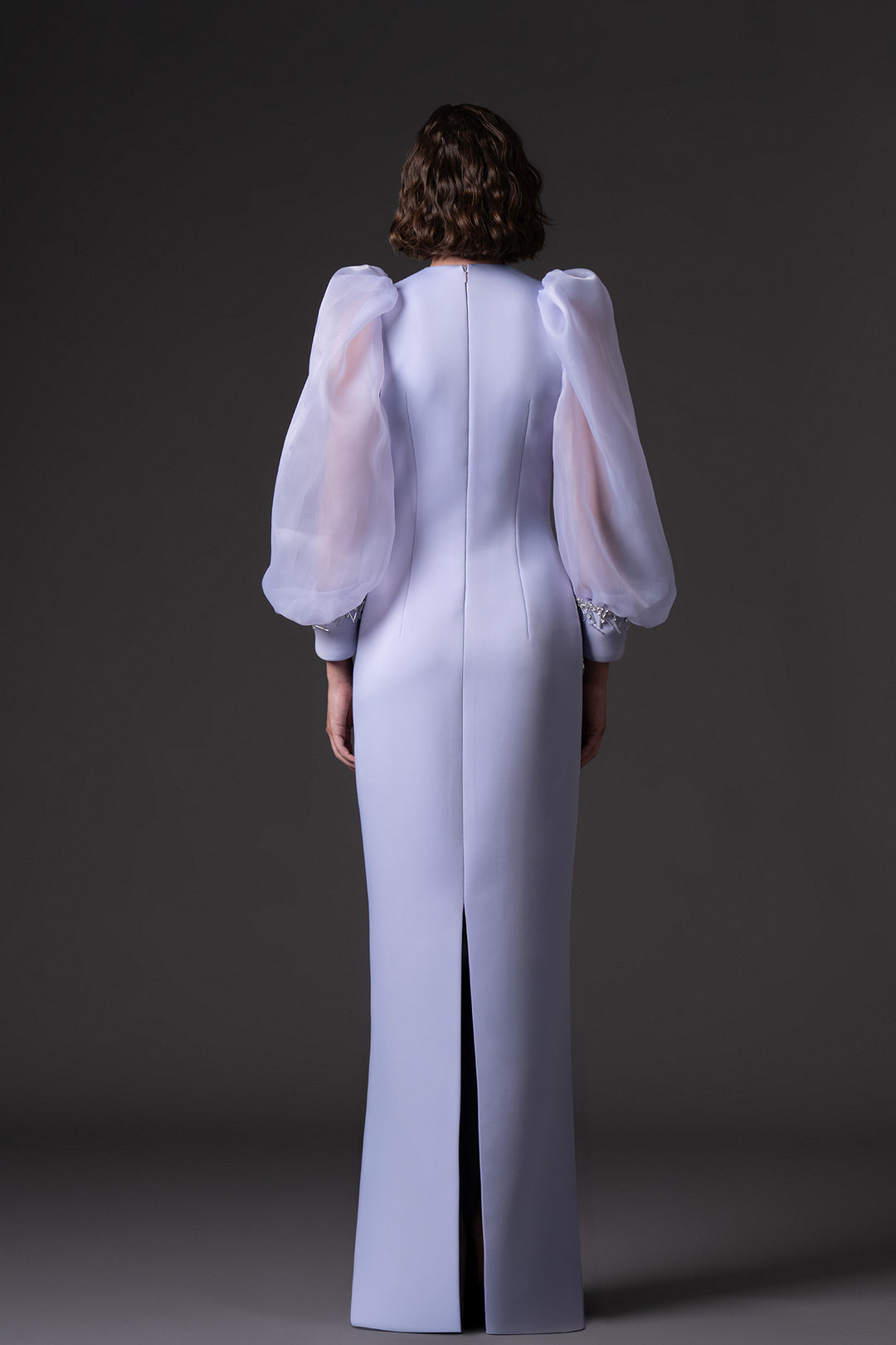 Crêpe Long Dress with Crystal Embroidery and Puffed Sleeves