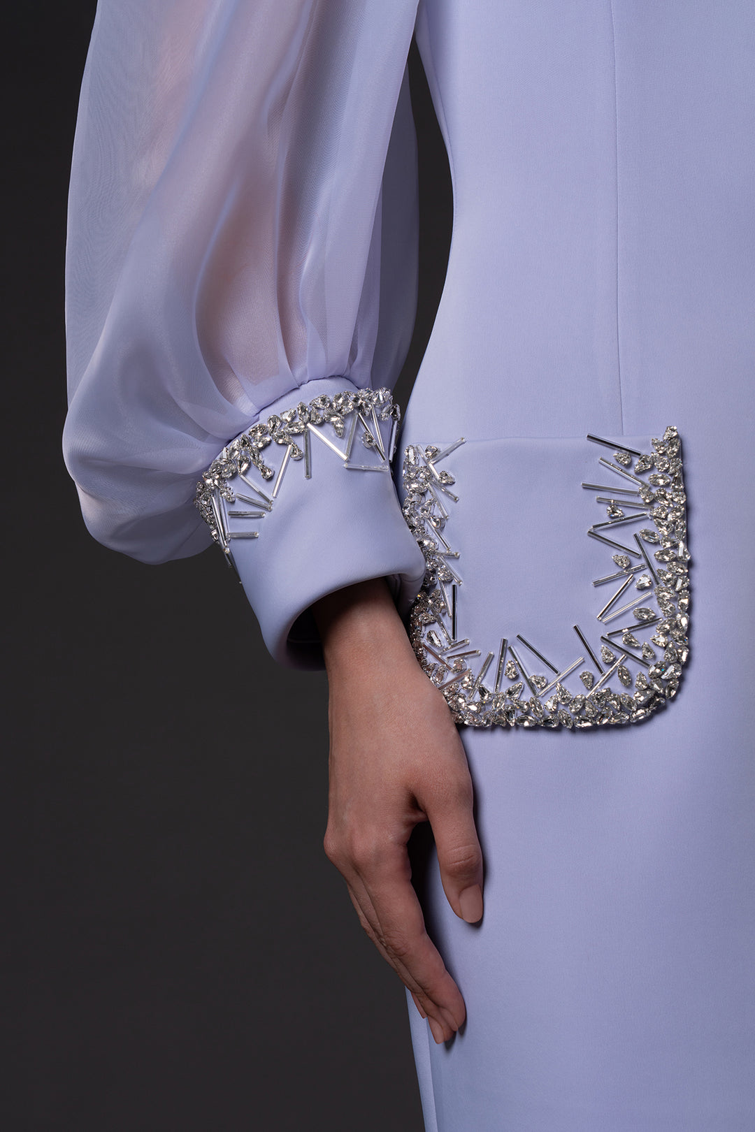 Crêpe Long Dress with Crystal Embroidery and Puffed Sleeves