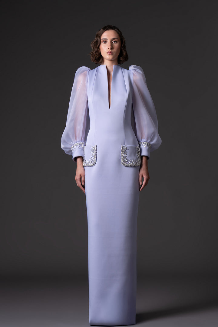 Crêpe Long Dress with Crystal Embroidery and Puffed Sleeves