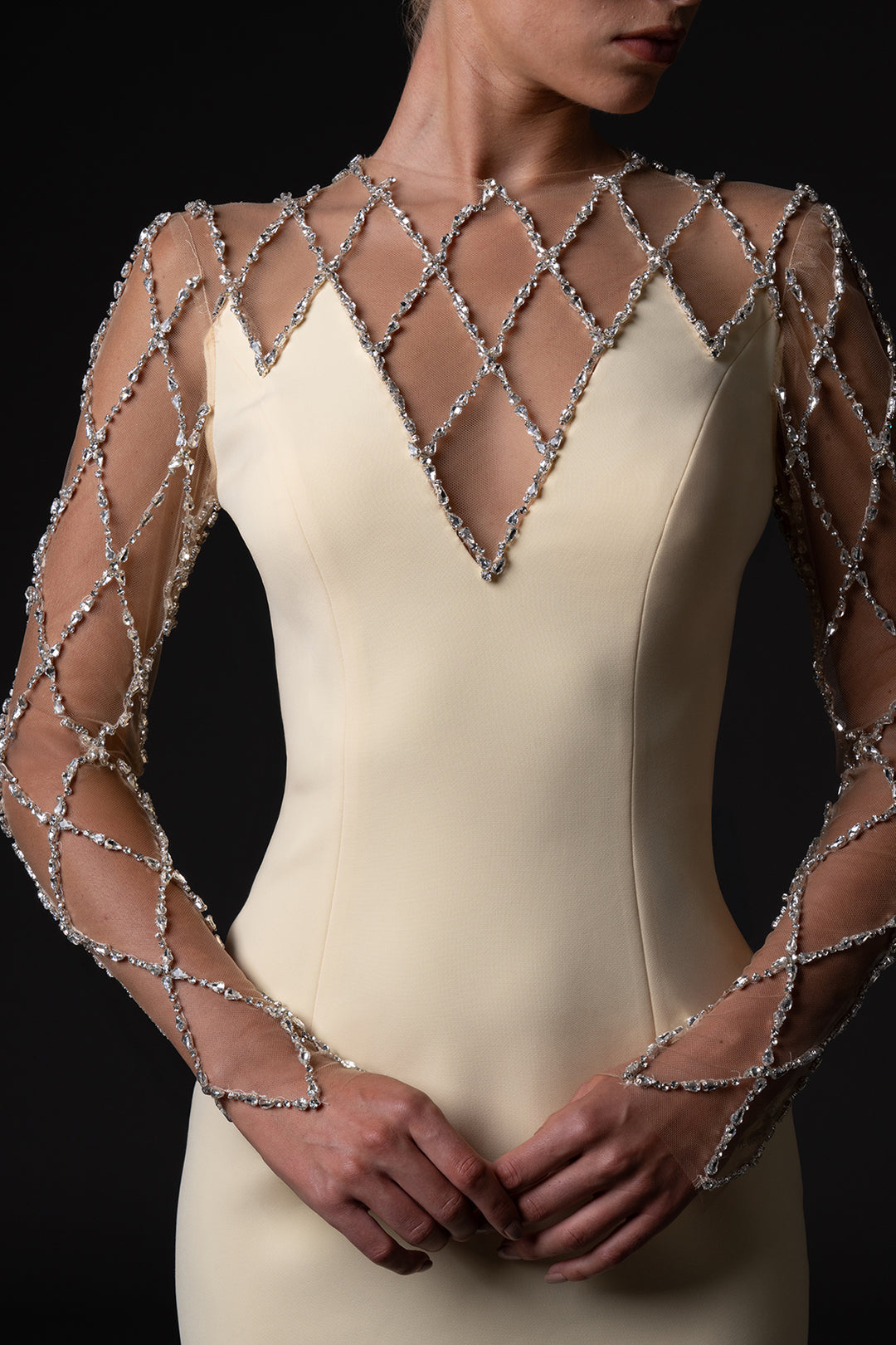 Crêpe Dress with Crystal Grid Embroidery