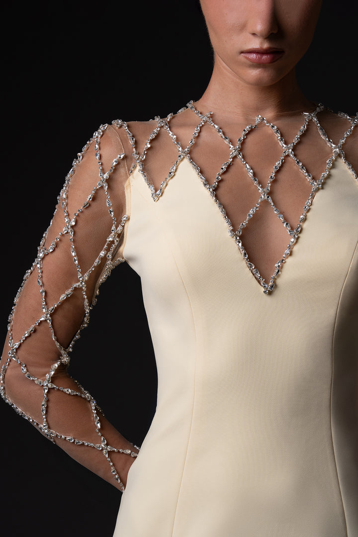Crêpe Dress with Crystal Grid Embroidery