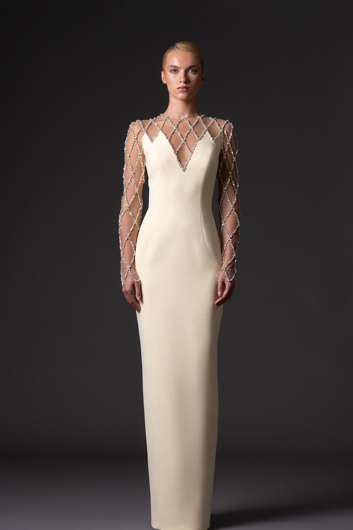 Crêpe Dress with Crystal Grid Embroidery