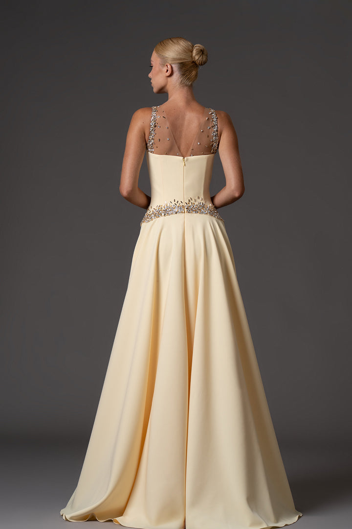 Crêpe Long Dress with Embroidered Neckline