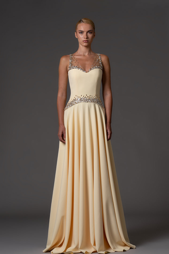 Crêpe Long Dress with Embroidered Neckline