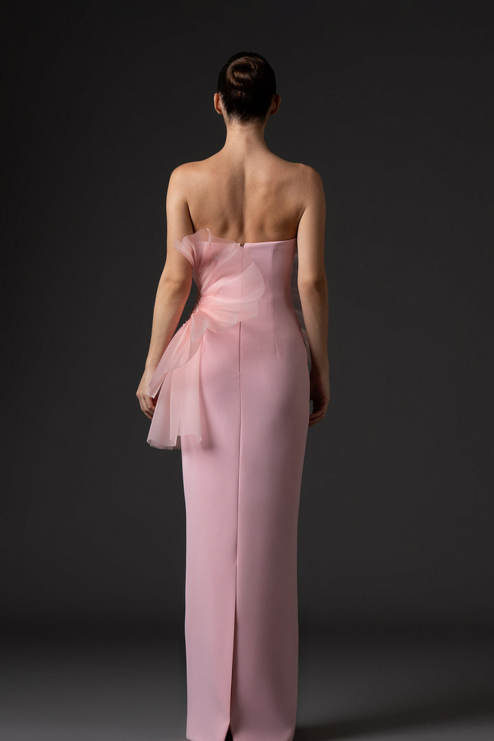 Strapless Crepe Dress with Draped Organza Embroidered Bodice