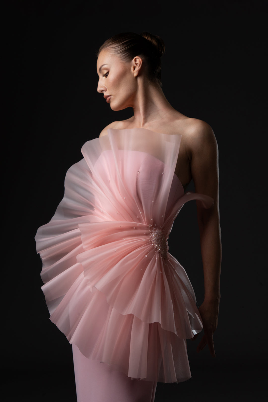 Strapless Crepe Dress with Draped Organza Embroidered Bodice