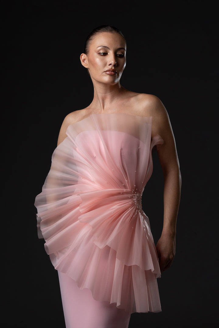 Strapless Crepe Dress with Draped Organza Embroidered Bodice