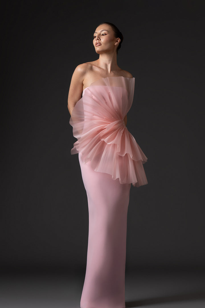Strapless Crepe Dress with Draped Organza Embroidered Bodice